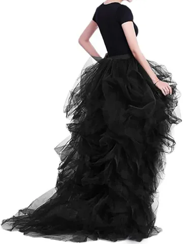 Women High Waist Mesh Tulle Puffy Skirt Elegant Evening Banquet Prom Party Hi-Lo Irregular Hem Skirt Solid Color Bottom