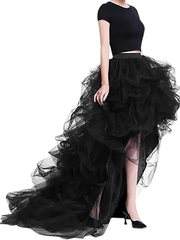 Women High Waist Mesh Tulle Puffy Skirt Elegant Evening Banquet Prom Party Hi-Lo Irregular Hem Skirt Solid Color Bottom
