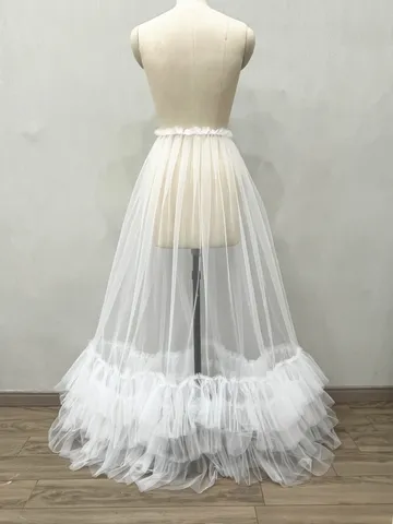 Women Sexy See-Through Mesh Overlay Skirt Tiered Ruffle Sheer Long Skirt For Party Photography Solid Color Elastic Waist Bottom