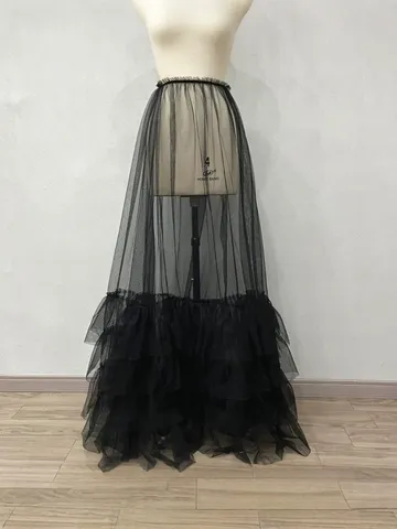 Women Sexy See-Through Mesh Overlay Skirt Tiered Ruffle Sheer Long Skirt For Party Photography Solid Color Elastic Waist Bottom