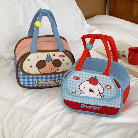 Cartoon Dog Insulated Lunch Bag Portable Checkered Bento Box Tote For Office Students Women Men Picnic Thermal Storage Handbag