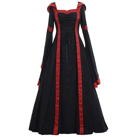 Women Medieval Vintage Hooded Maxi Dress Square Neck Lace Up Flare Sleeve Gothic Palace Style Elegant Long Gown Retro Party Dress