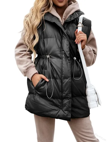 Women Mid-Length Quilted Padded Vest Stand Collar Drawstring Waist Sleeveless Jacket Pocket Solid Color Autumn Winter Top