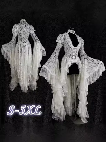 Women's Medieval Gothic Palace Style Lace Maxi Dress U-Neck Flare Sleeve Hollow Out Vintage Renaissance Party Dress