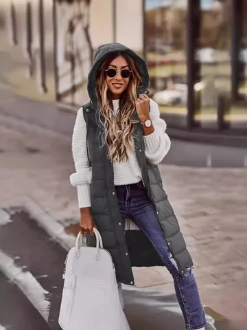 Women Long Hooded Cotton Vest Single Breasted Quilted Padded Gilet with Pockets Elegant Commuter Warm Sleeveless Jacket