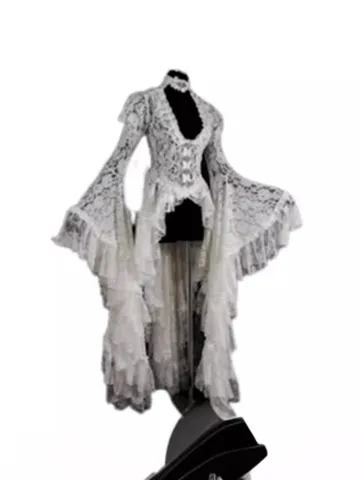 Women's Medieval Gothic Palace Style Lace Maxi Dress U-Neck Flare Sleeve Hollow Out Vintage Renaissance Party Dress