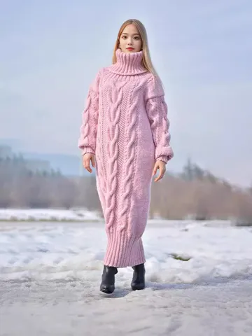 Women Elegant Turtleneck Cable Knit Long Sweater Dress Autumn Winter Thick Acrylic Loose Fit Pullover Midi Dress Commute Fashion