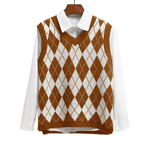Chaleco de Punto Argyle para Mujer Suéter Cuello en V Sin Mangas Estilo Preppy Holgado Acrílico Color de Contraste