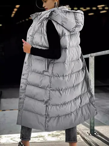 Women's Casual Extra Long Hooded Puffer Vest Sleeveless Quilted Padded Outerwear Coat with Zipper and Buttons Solid Color Warm Waistcoat for Autumn Winter