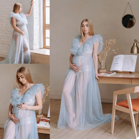 Women Maternity Sheer Mesh Photography Dress Elegant V Neck Ruffle Sleeve Sexy Tulle Gown For Artistic Photo Studio Gown