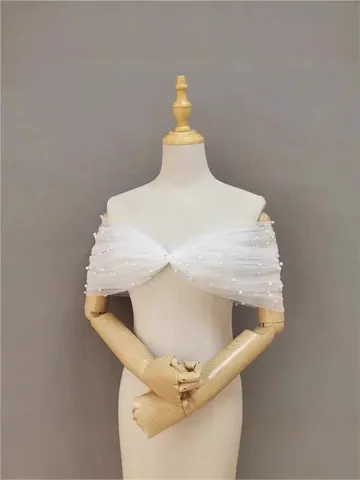 Elegante Scialle da Sposa in Rete Con Spalle Scoperte Perline Copertura Braccia Abito da Sposa Lacci Accessorio per Feste Formali Donna