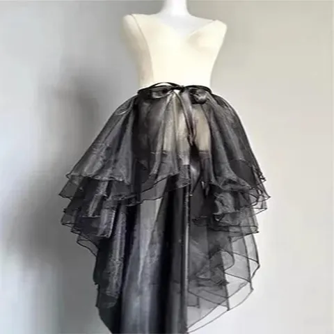 Women Ballet Mesh Wrap Skirt High-Low Irregular Hem Glassy Net Yarn Satin Ribbon Lace-Up Solid Color Elegant Flowy Skirt