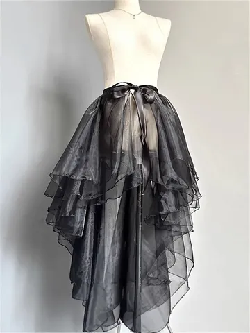 Women Ballet Mesh Wrap Skirt High-Low Irregular Hem Glassy Net Yarn Satin Ribbon Lace-Up Solid Color Elegant Flowy Skirt