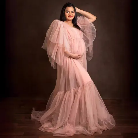 Plus Size Maternity Photography Dress Sweet Elegant Mesh Tulle Tiered Ruffle Long Wedding Party Gown For Pregnant Women
