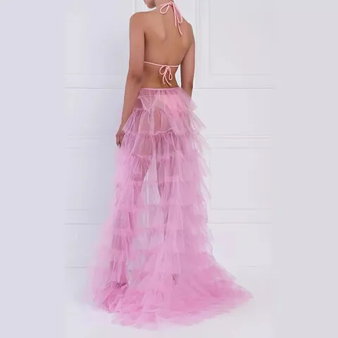 Women's Mesh Ruffle Tiered Maxi Skirt High Waist Layered Tulle Pleated Cake Tutu Skirt For Party Wedding Vacation Elegant Bottom