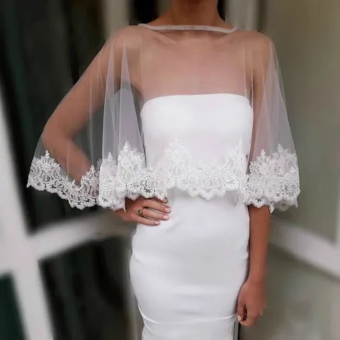 Bruids Kant Sjaal Bolero Voor Trouwjurk Sheer Mesh Bloemen Borduurwerk Sjaal Cover Up Fotografie Props Vrouwen Elegante Bolero