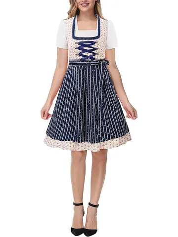 Vintage Palace Style Women Dress Square Neck Lace Up Floral Print Bavarian Dirndl Costume Set For Halloween Cosplay Party