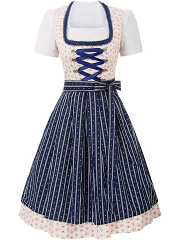 Vintage Palace Style Women Dress Square Neck Lace Up Floral Print Bavarian Dirndl Costume Set For Halloween Cosplay Party