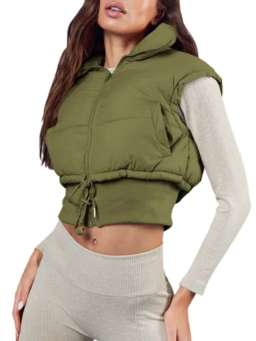 Women's Western Style Crop Puffer Vest Stand Collar Zipper Drawstring Hem Slim Fit Padded Waistcoat Sleeveless Winter Jacket Top