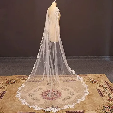 Bridal Wedding Dress Lace Cloak Long Trailing Mesh Shawl With Artificial Pearl Elegant White Ivory Polyester Robe For Bride