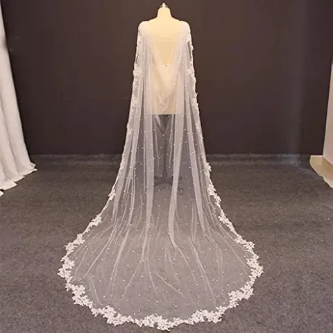 Bridal Wedding Dress Lace Cloak Long Trailing Mesh Shawl With Artificial Pearl Elegant White Ivory Polyester Robe For Bride