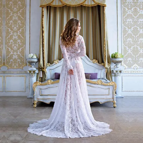 Women's Sexy Deep V-Neck Long Sleeve Lace Sheer Trailing Maxi Maternity Dress Solid Color Photography Prop Gown