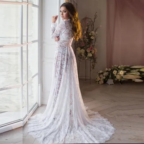 Women's Sexy Deep V-Neck Long Sleeve Lace Sheer Trailing Maxi Maternity Dress Solid Color Photography Prop Gown
