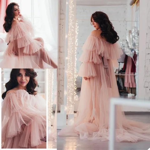 Off-Shoulder Mesh Maternity Maxi Dress With Train Ruffle Long Sleeve Lace Up Elegant Photography Gown Women Wedding Dress