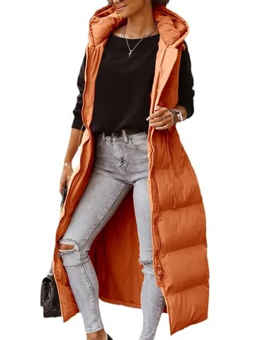 Women Hooded Long Padded Vest Slim Fit Quilted Gilet Jacket With Drawstring Waist Zipper Pockets Solid Color Winter Vest Top