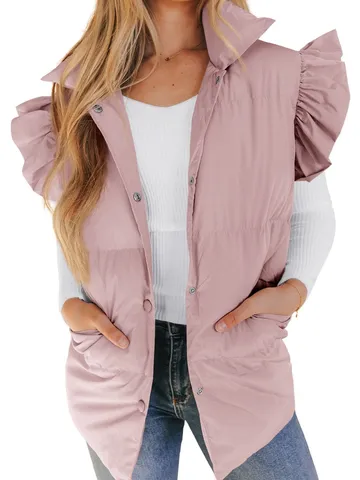 Women's Ruffle Sleeve Puffer Vest Stand Collar Single Breasted Quilted Waistcoat With Pockets Casual Loose Outerwear Top