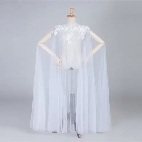 Women Elegant Tulle Lace Applique Long Cape Cloak Ivory White Pullover Loose Maxi Wedding Bridal Performance Accessories