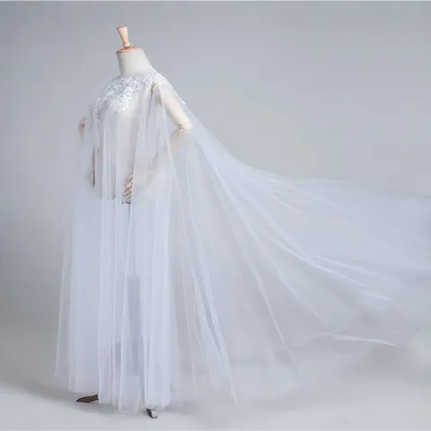 Women Elegant Tulle Lace Applique Long Cape Cloak Ivory White Pullover Loose Maxi Wedding Bridal Performance Accessories