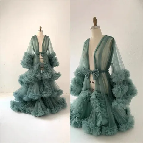 Women's Mesh Maternity Photography Dress Tiered Ruffle Long Sleeve Deep V-Neck Cake Skirt Evening Party Gown For Stage Performance