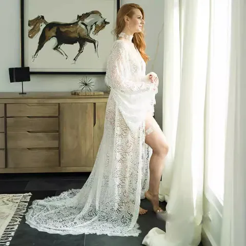 Women Sexy Deep V-Neck Long Sleeve Lace See-Through Maternity Trailing Dress Elegant Beach Cardigan Long Gown Photography