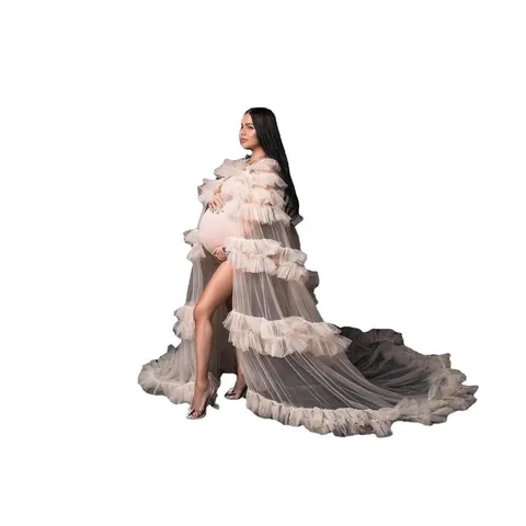 Women's Long Mesh Cape Tiered Cake Maternity Gown Elegant Ruffle Large Hem Tutu Skirt For Photography Wedding Party Dress