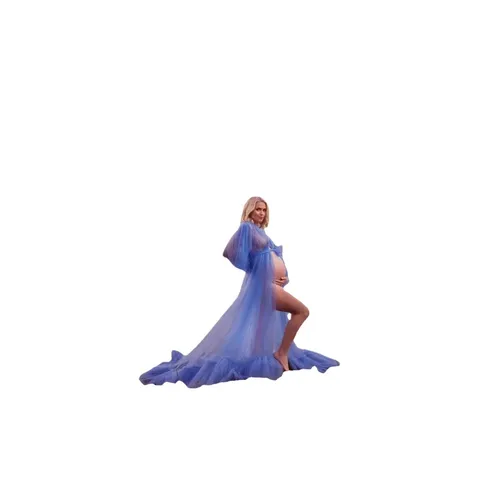 Women's Maternity Evening Dress Long Mesh Ruffle Trim Train Cape Bridal Gown For Photography Wedding Party Elegant Mesh Tulle Dress