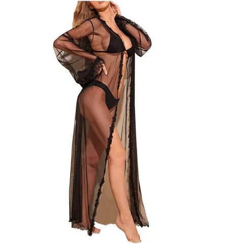 Women's Sexy Long Mesh See-Through Robe Long Sleeve Lace Trim Pajamas With Belt Polyester Beach Bikini Cover-up Lingerie Sleepwear