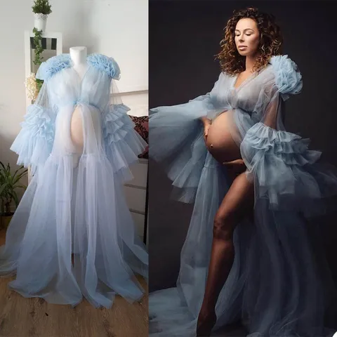 Women's Maternity Tulle Photography Gown V-Neck Long Sleeve Ruffle Trim Mesh Robe Sexy Maxi Dress For Photoshoot Elegant Bridal Gown