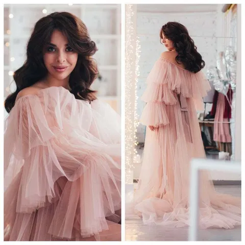 Off-Shoulder Mesh Maternity Maxi Dress With Train Ruffle Long Sleeve Lace Up Elegant Photography Gown Women Wedding Dress