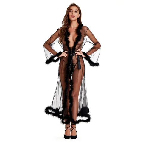 Women Sexy Long Mesh Robe With Ostrich Feather Sleeves Lace Up Sheer Nightgown Bikini Cover Up Luxurious Polyester Robe Sleepwear