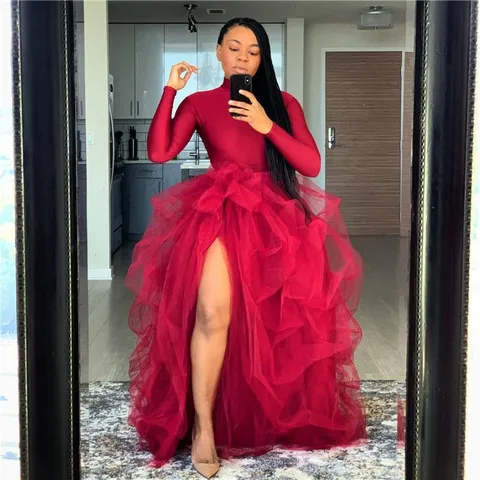 Women Sexy Mesh Tulle Maxi Skirt High Slit Puffy Wedding Party Prom Skirt Detachable Long Skirt Bottom Polyester Spandex