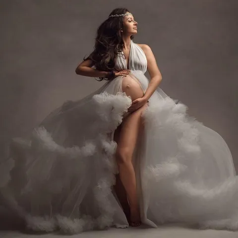 Women Maternity Photography Tulle Robe Mesh Cake Dress V Neck Ruffle Long Sleeve Polyester Pregnant Photo Gown