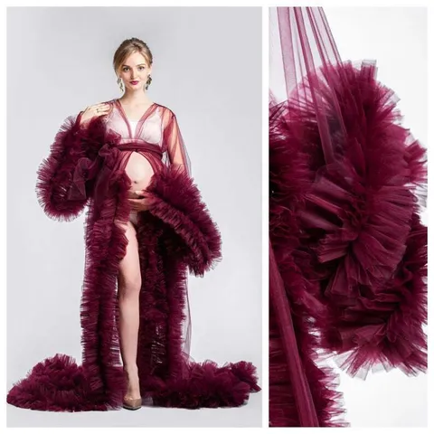 Women Maternity Long Mesh Ruffled Lace-Up Deep V Trailing Gown Elegant Large Sleeve Photography Studio Evening Dress