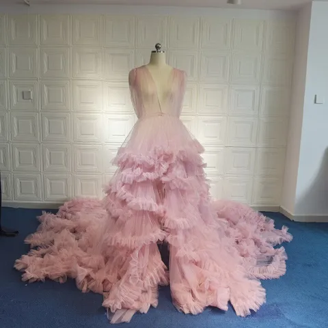 Elegant Deep V-Neck Ruffle Maternity Wedding Dress Long Train Mesh Tulle Photography Gown Women Special Occasion Evening Party Dress