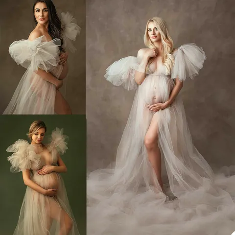 Maternity Trailing Mesh Dress Sexy Puffy Sleeve V Neck White Ivory Robe For Photography Studio Women Pregnancy Gown