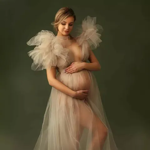 Maternity Trailing Mesh Dress Sexy Puffy Sleeve V Neck White Ivory Robe For Photography Studio Women Pregnancy Gown