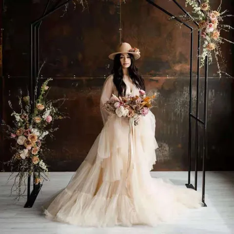 Women's V Neck Flare Sleeve Mesh Maxi Dress Maternity Photography Gown Wedding Morning Robe Solid Color Elegant Lace Up Dress