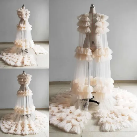 Women Mesh Ruffle Long Train Robe Sexy Maternity Photography Prop Bridal Morning Gown Solid Color Tulle Dress