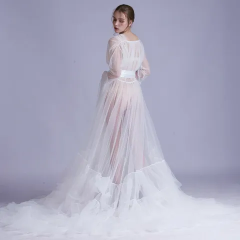 Sexy Mesh Satin Bridal Robe Long Gown For Women With Tulle Train Bow Sash V Neck Nightgown For Wedding Photo Shoot Bathrobe