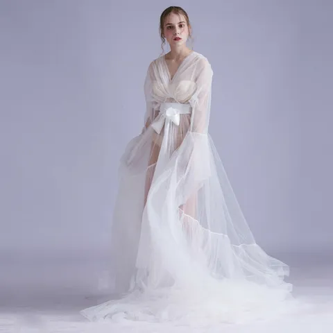 Sexy Mesh Satin Bridal Robe Long Gown For Women With Tulle Train Bow Sash V Neck Nightgown For Wedding Photo Shoot Bathrobe